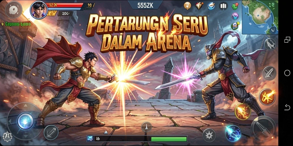 Screenshot gameplay 555ZK menampilkan pertarungan yang intens dan menarik.