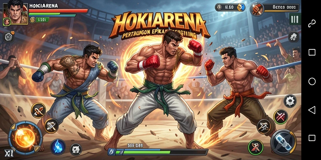 Screenshot menunjukkan pertarungan seru antar karakter di HOKIARENA.