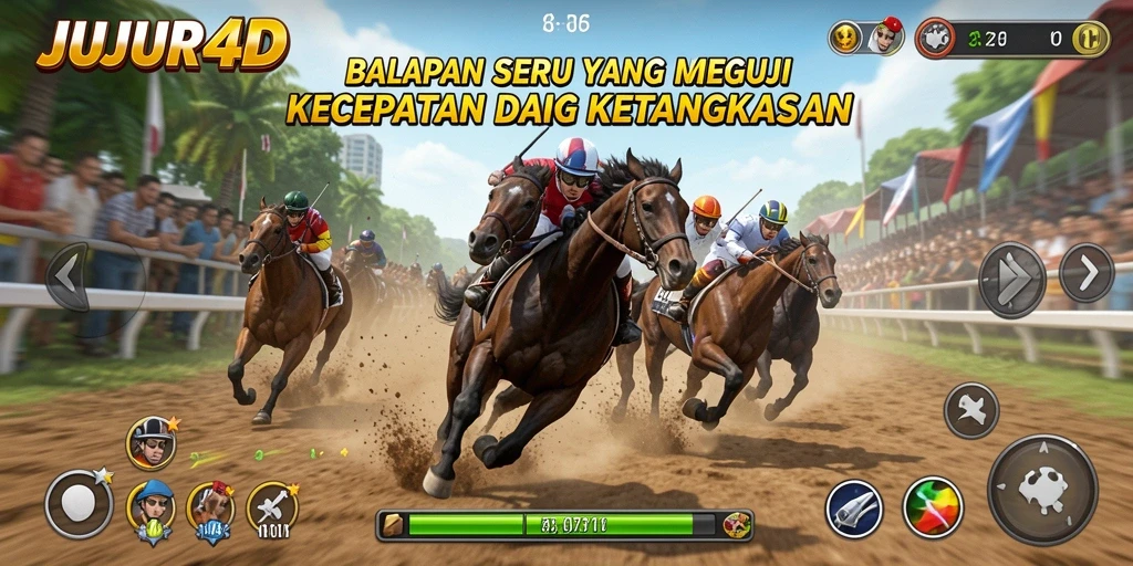 Screenshot gameplay JUJUR4D menampilkan balapan seru di lintasan menantang.