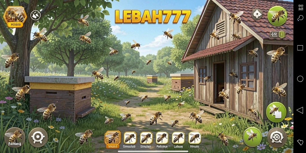 Tampilan gameplay LEBAH777 yang menampilkan peternakan lebah yang ceria.