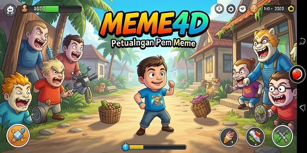 Screenshot gameplay MEME4D yang menunjukkan karakter lucu dalam petualangan.