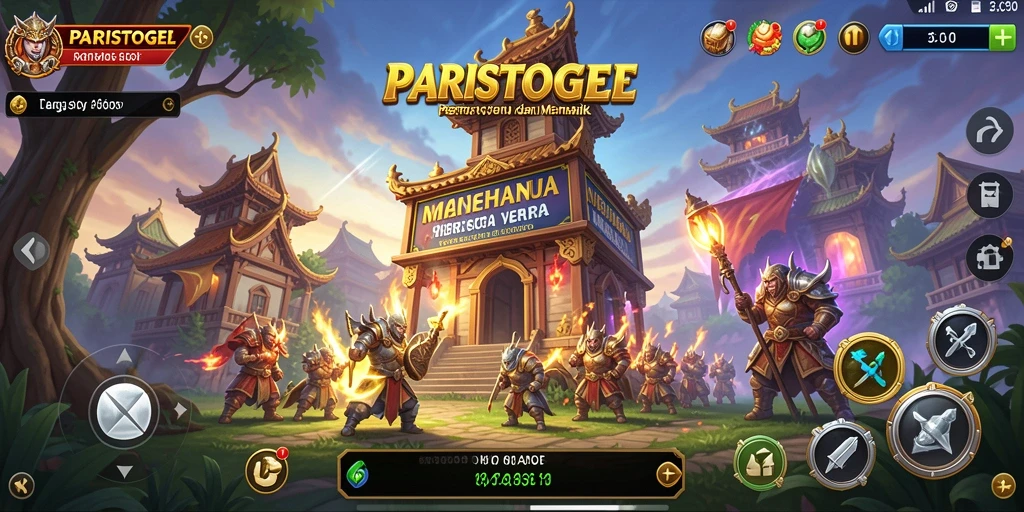 Gameplay PARISTOGEL dengan menara yang sedang bertahan dari serangan musuh.