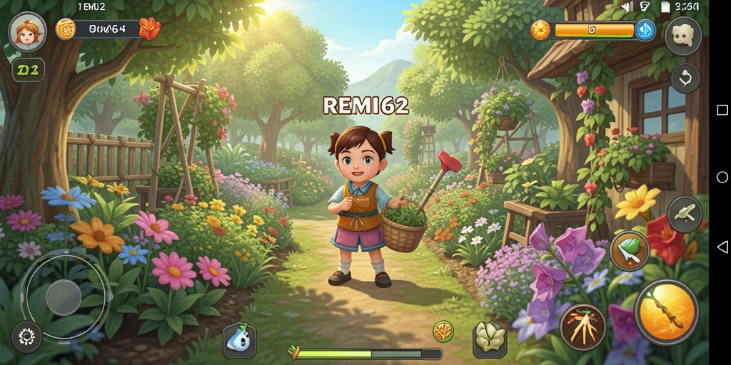 Tampilan gameplay REMI62 dengan pemandangan ladang yang luas dan tanaman subur.
