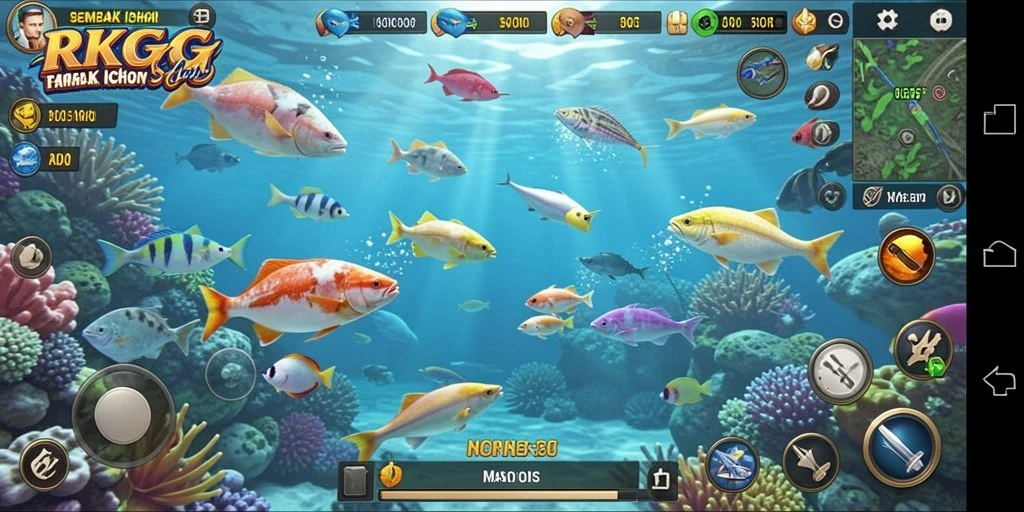 Tampilan gameplay seru dalam RKGG saat menembak ikan.