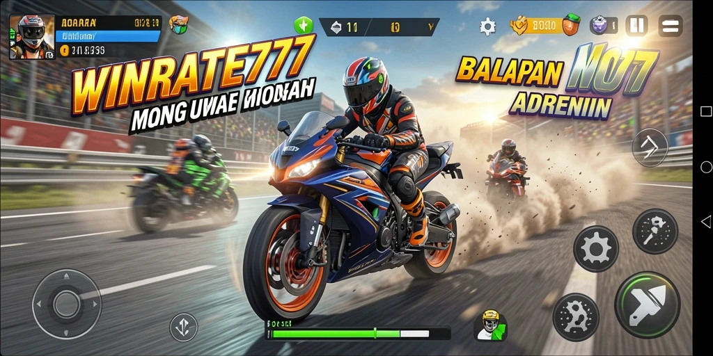 Gameplay seru dari WINRATE777 dengan balapan motor yang mendebarkan.